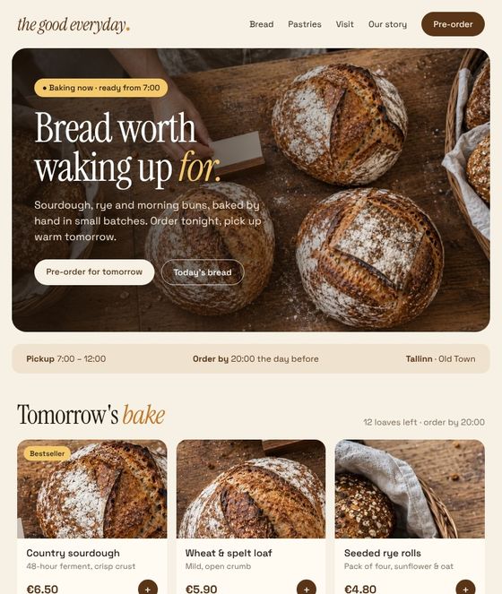 Bakery website with a pre-order shop for tomorrow’s bread