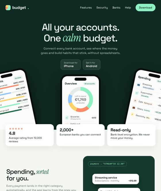 Budgeting app landing page with phone screens