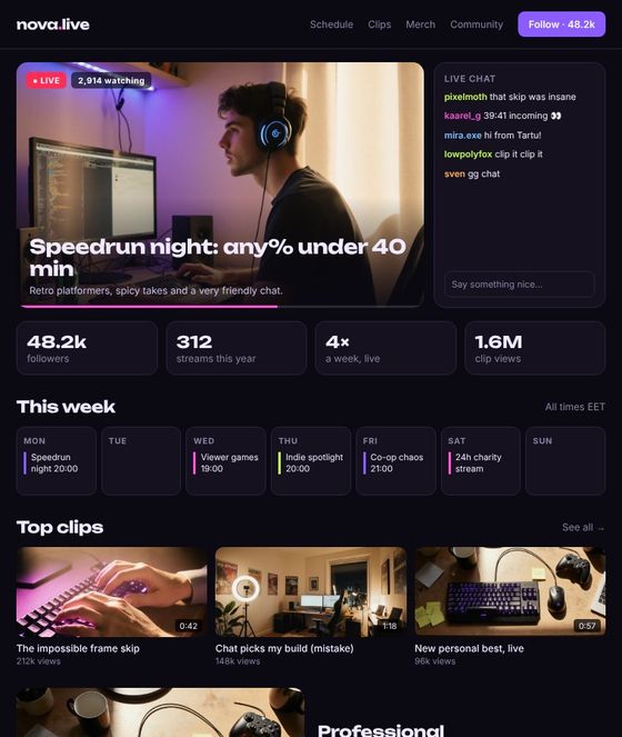 Gaming streamer hub website concept